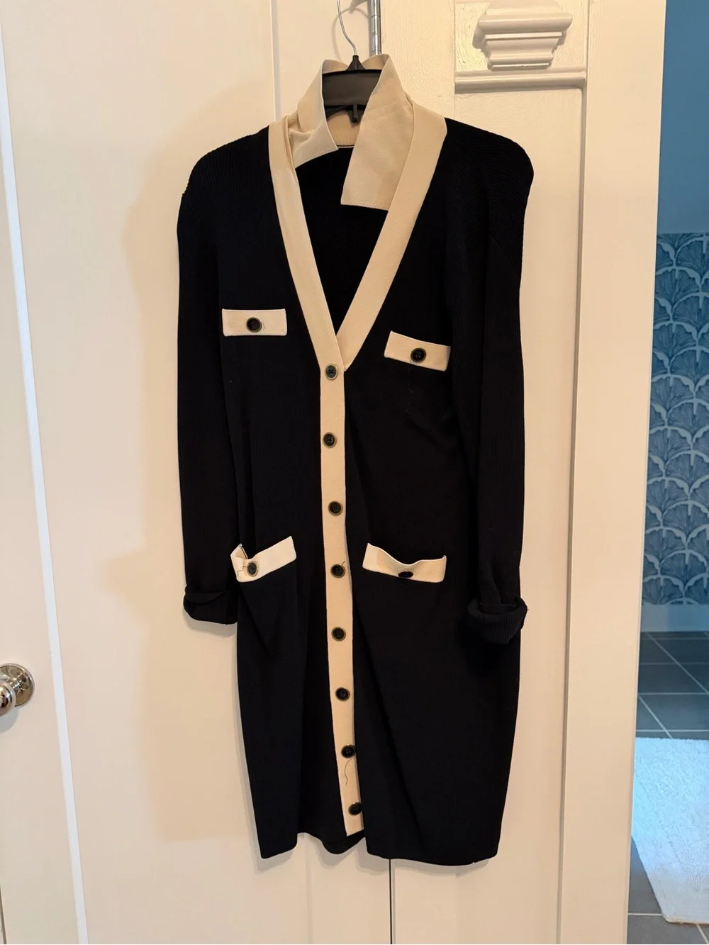 J. Crew Black Dress with Cream Trim Long Sleeve Cardigan Style